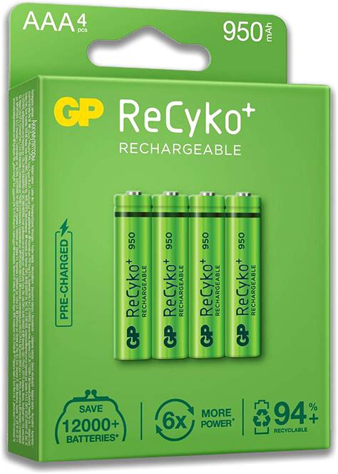 GP ReCyko Rechargeable AAA 950mAh (4Pcs Batteries) 6X More Power, Pre ...