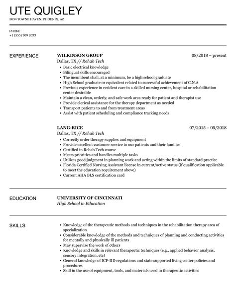 Rehab Tech Resume Samples | Velvet Jobs