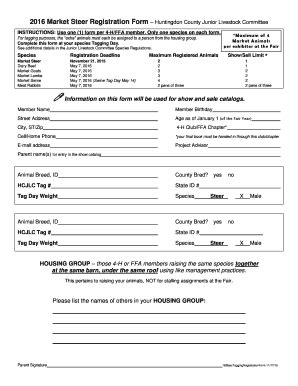 Fillable Online 2016 Market Steer Registration Form Huntingdon County ...