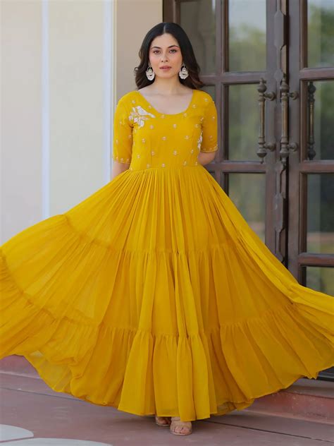 Shop Sweet Yellow Embroidered Georgette Traditional Gown From Ethnic Plus