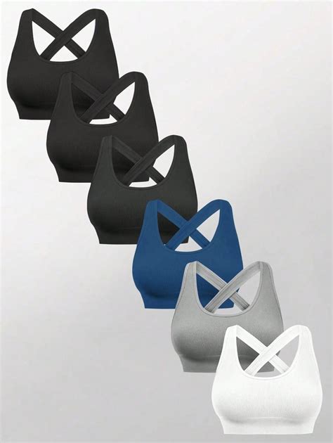 SHEIN Velisys Solid Color Round Neck Cross Back Seamless Sports Bra ...