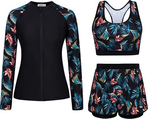 Amazon.com: JASAMBAC Women's 3 Piece Rash Guard Long Sleeve Swimsuits ...
