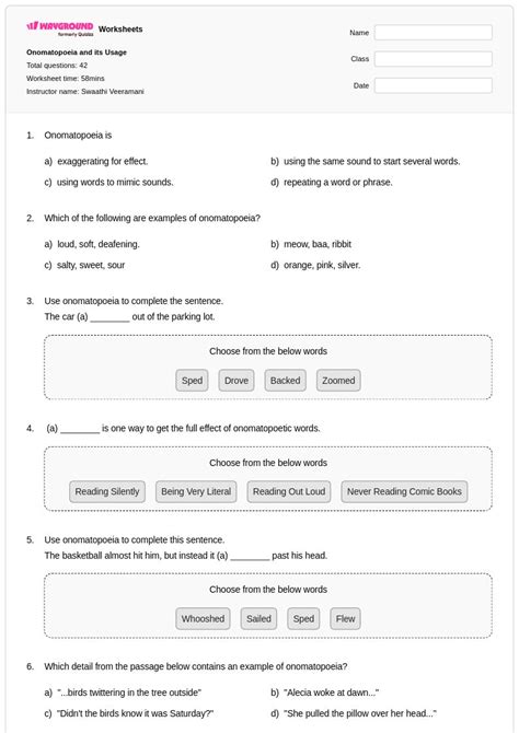 50+ Onomatopoeia worksheets for Class 7 on Wayground | Free & Printable