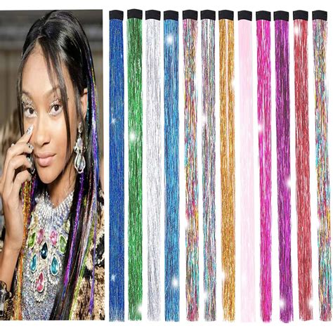 Amazon.com : 19 Inch Tinsel Hair Extensions 12 Colors Glitter Hair ...