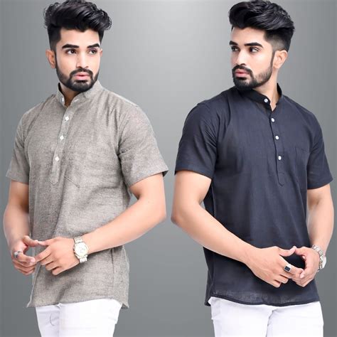 Mens Regular Fit Biscuit Grey and Black Half Sleeve Cotton Short Kurta ...