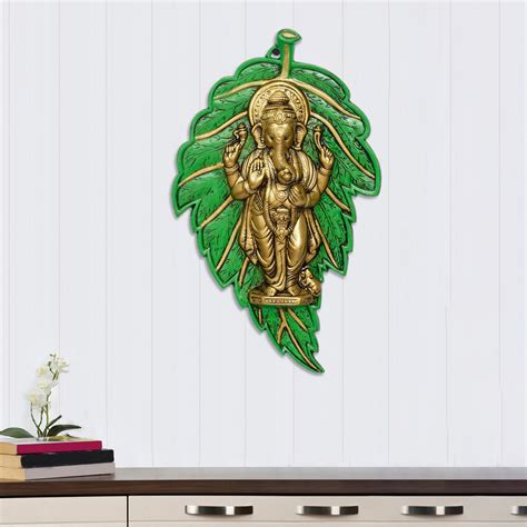 Golden Chaturbhuj Lord Ganesha on Green Leaf Metal Wall Hanging ...