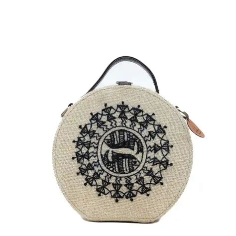Warli Art hand embroidered round jute bag – GoneCase
