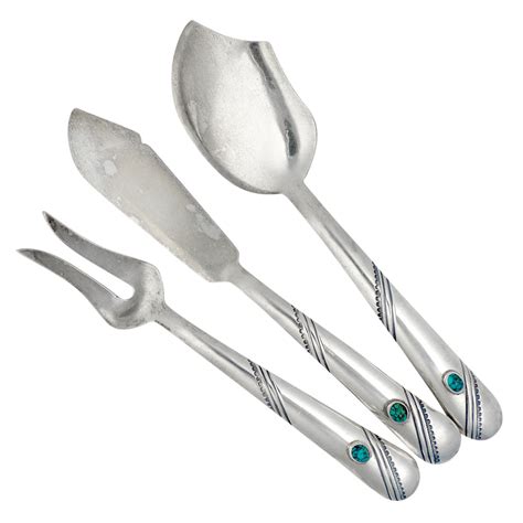 Navajo Stamped Silver Three Piece Cheese Serving Set with Turquoise ...