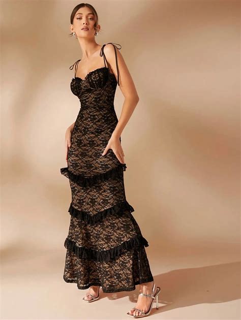 L'Amorae Elegant Sexy Shoulder Tie Lace Bodycon Padded Maxi Dress For ...