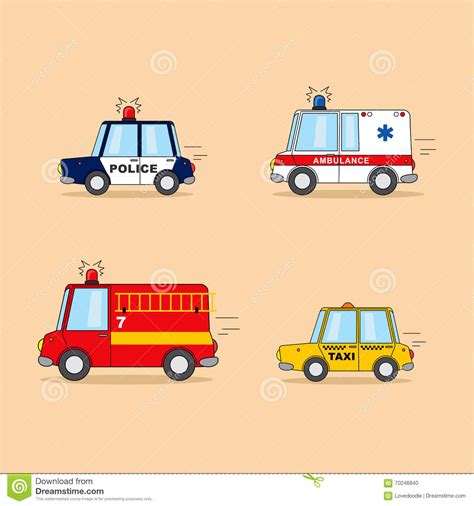 套动画片汽车：警车，救护车，消防队员卡车，出租汽车 库存例证. 插画 包括有 套动画片汽车：警车，救护车，消防队员卡车，出租汽车 - 70246840