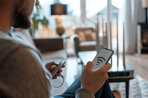 Close up of a wifi 6 router with a man on smartphone in home office ...