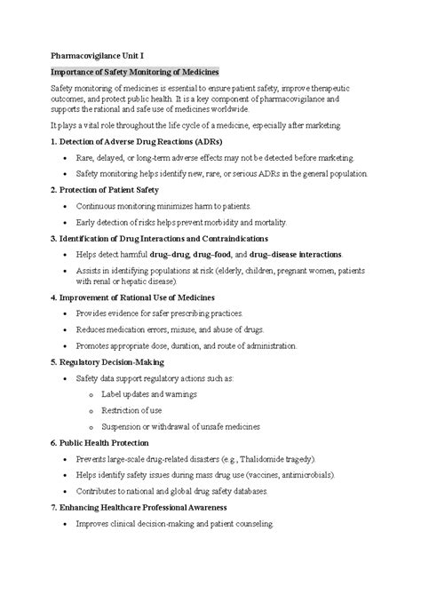 Pharmacovigilance Unit I: Importance of Safety Monitoring of Medicines ...