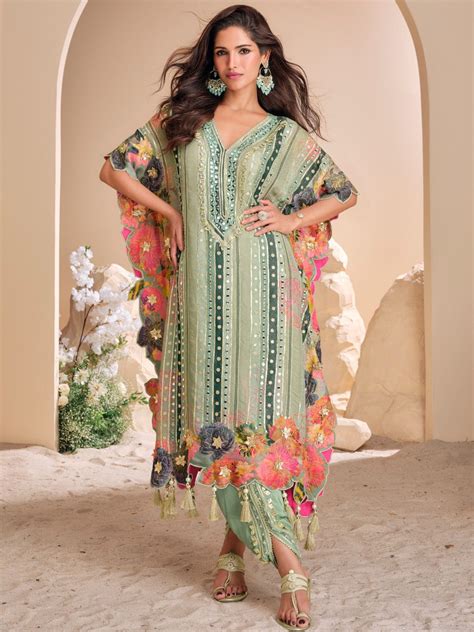 Designer Partywear Gota Patti Green Shimmer Tissue Kaftan Set – Global ...