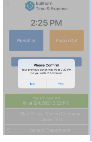Punch In or Out In Bullhorn Time and Expense Mobile