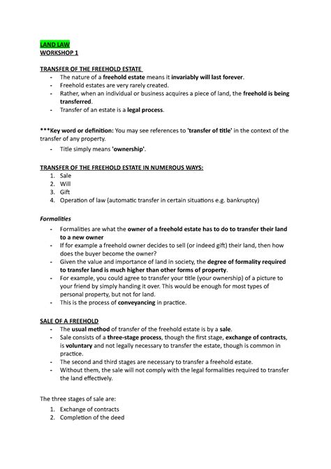 Transfer OF THE Freehold Estate - LAND LAW WORKSHOP 1 TRANSFER OF THE ...
