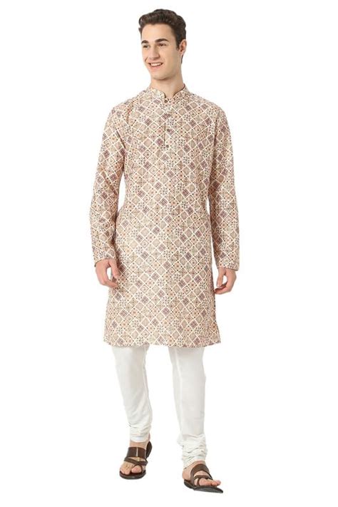 Buy BELLAZO Men's Cotton Printed Long Kurta Beige | Festive Mens Ethnic ...