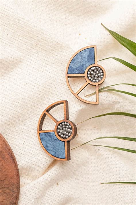 Whe Blue Geometrical Repurposed Fabric and wood earring – Okhaistore