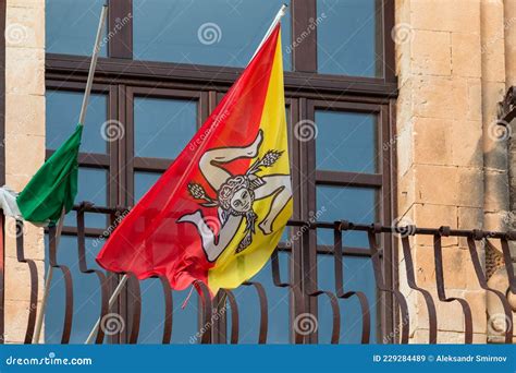 Flag Of Sicily With Trinacria Symbol. Italy Stock Photography ...