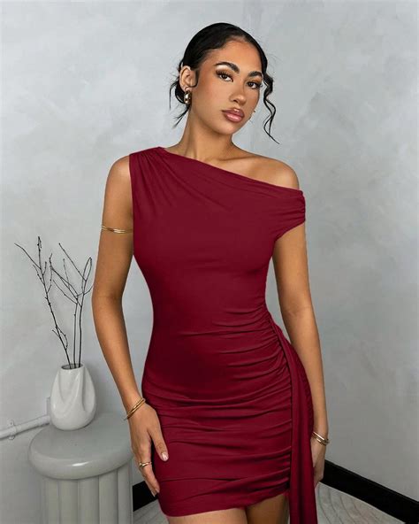 Solid Color Asymmetric Ruched Tie Bodycon Mini Dress – Littlebox India