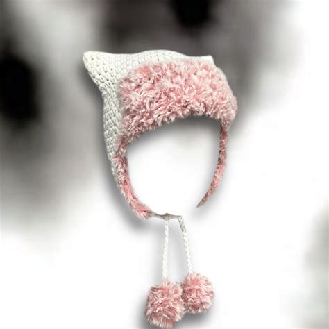 Faux Fur Crochet Cat Ear Trapper Hat Ushanka Beanie With Ear Flaps and Pom Pom Strings Kawaii ...