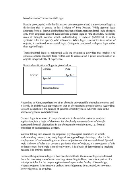 Introduction to Transcendental Logic - While general logic abstracts ...