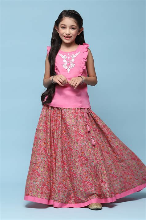 Buy Pink Cotton Straight Printed Kurta Skirt Suit Set Online at Biba India