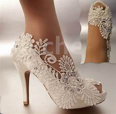 Heels Wedding by 3 Quot 4 Quot Heel Satin White Ivory Lace Pearls Open Toe Wedding Heels Wedding