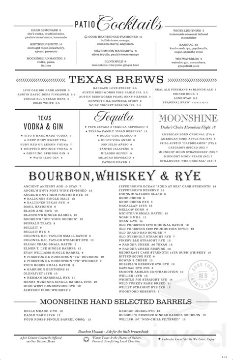 Menu for Moonshine Grill in Austin, TX | Sirved