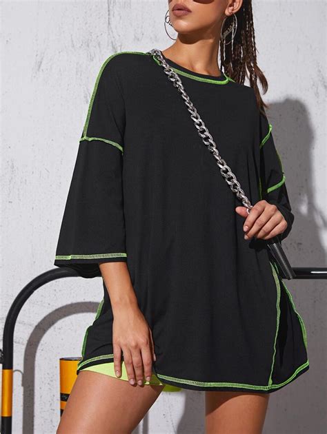 Drop Shoulder Stitch Trim Oversized Longline Tee | SHEIN USA