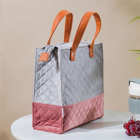 Luxe Velvet Lunch Bag Grey And Pink Online - Premium Lunch Bag | Nestasia