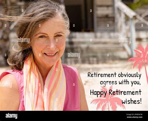 Composite of happy retirement text over happy senior caucasian woman ...