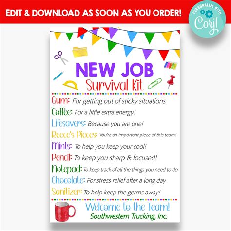 EDITABLE New Job Survival Kit Tag | New Job Gift Idea | Printable ...