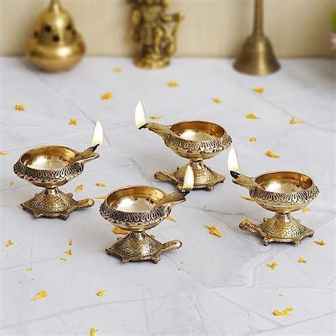 Buy eCraftIndia Set of 4 Handcrafted Decorative Brass Diyas with ...