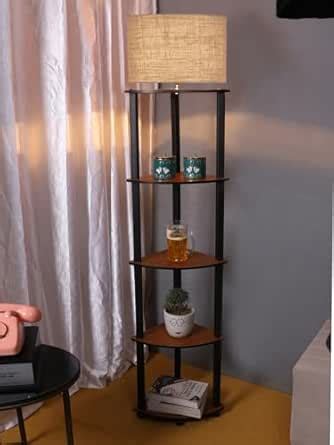 Devansh Floor Lamp with Wooden Shelf | Beige Jute Cotton Pleated Shade ...