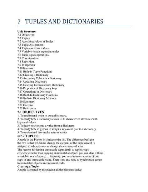 7 Tuples AND Dictionaries - 7 TUPLES AND DICTIONARIES Unit Structure 7 ...