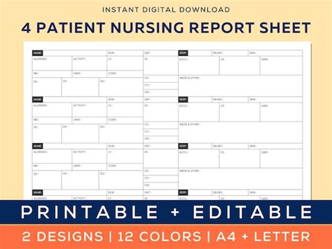 Four Patient Nurse Report Sheet Template Nurse Brain Great - Etsy India