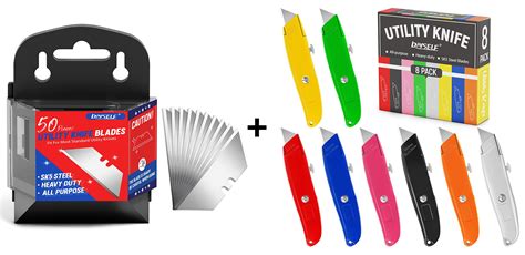 DIYSELF 50 Pack Utility Knife Blades with 8 Pack Box Cutter Retractable Heavy Duty, Box Cutters ...