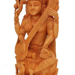 Buy Wooden Saraswati Statue Hindu Goddess Figurine Students God ...