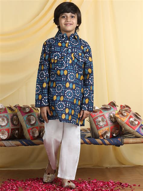Cutiekins Boys Tropical Print Shirt Collar Kurta with Pajama -Dark Blu