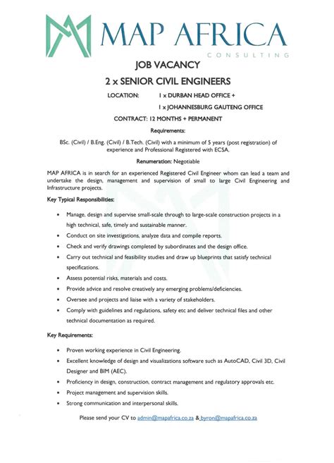 Job Vacancy : 2 X Senior Civil Engineers PrEng/PrTech - DBN + JHB | MAP AFRICA Consulting Engineers
