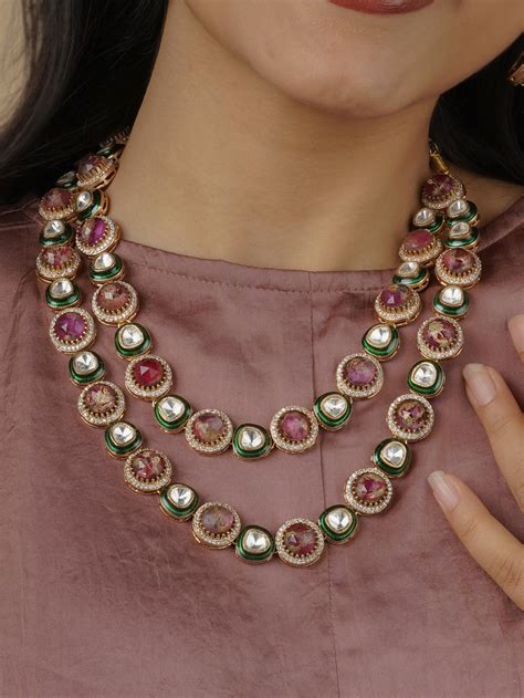 Baby Pink Color Gold Plated Contemporary Necklace Set - CC-S14A – Mortantra