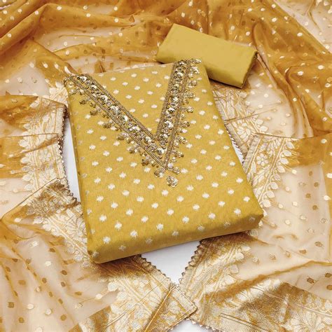 Mustard Woven With Sequins Embroidered Chanderi Silk Dress Material