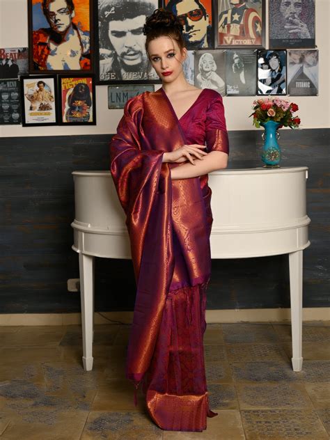 Odette Women Festive Purple Silk Blend Woven Saree With Unstitched Blo