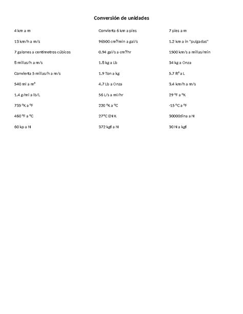 Ejercicios Fisica - Conversión de unidades 4 km a m Convierta 6 km a ...