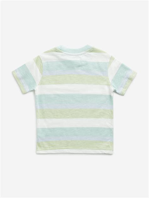 Buy HOP Kids Boys Green Striped Design Cotton T-Shirt from Westside