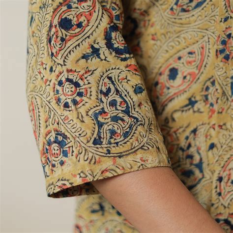 Yellow Pedana Block Print Cotton Pintuck Straight Kalamkari Long Kurta