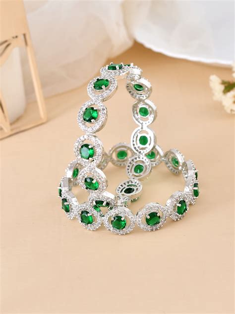 Set of 2 Silver Plated Green AD Stone Studded Handcrafted Bangles ...