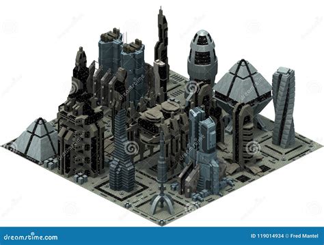 Isometric Futuristic Sci-fi Architecture, City Buildings Of The Future. 3D Rendering Royalty ...