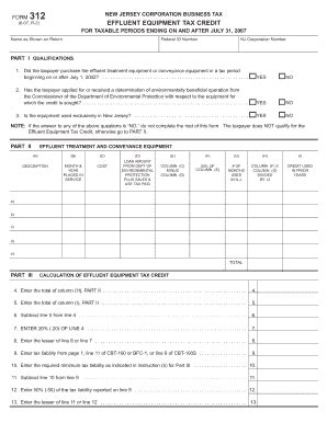 Fillable Online nj Form 312. Forms 312 - Effluent Equipment Tax Credit ...