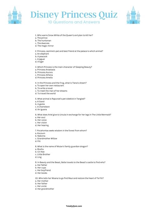 Disney Princess Quiz - 10 Multiple Choice Questions